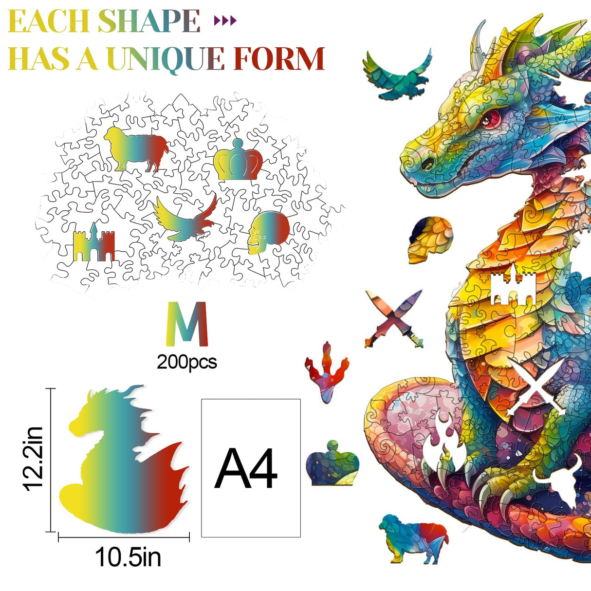 KAAYEE Wooden Jigsaw Puzzles-Wooden Puzzle Adult Unique Shape Advanced Dragon Wooden Jigsaw Puzzle for Adult, Family Puzzles 12.2 * 10.5in 200pcs KAAYEE