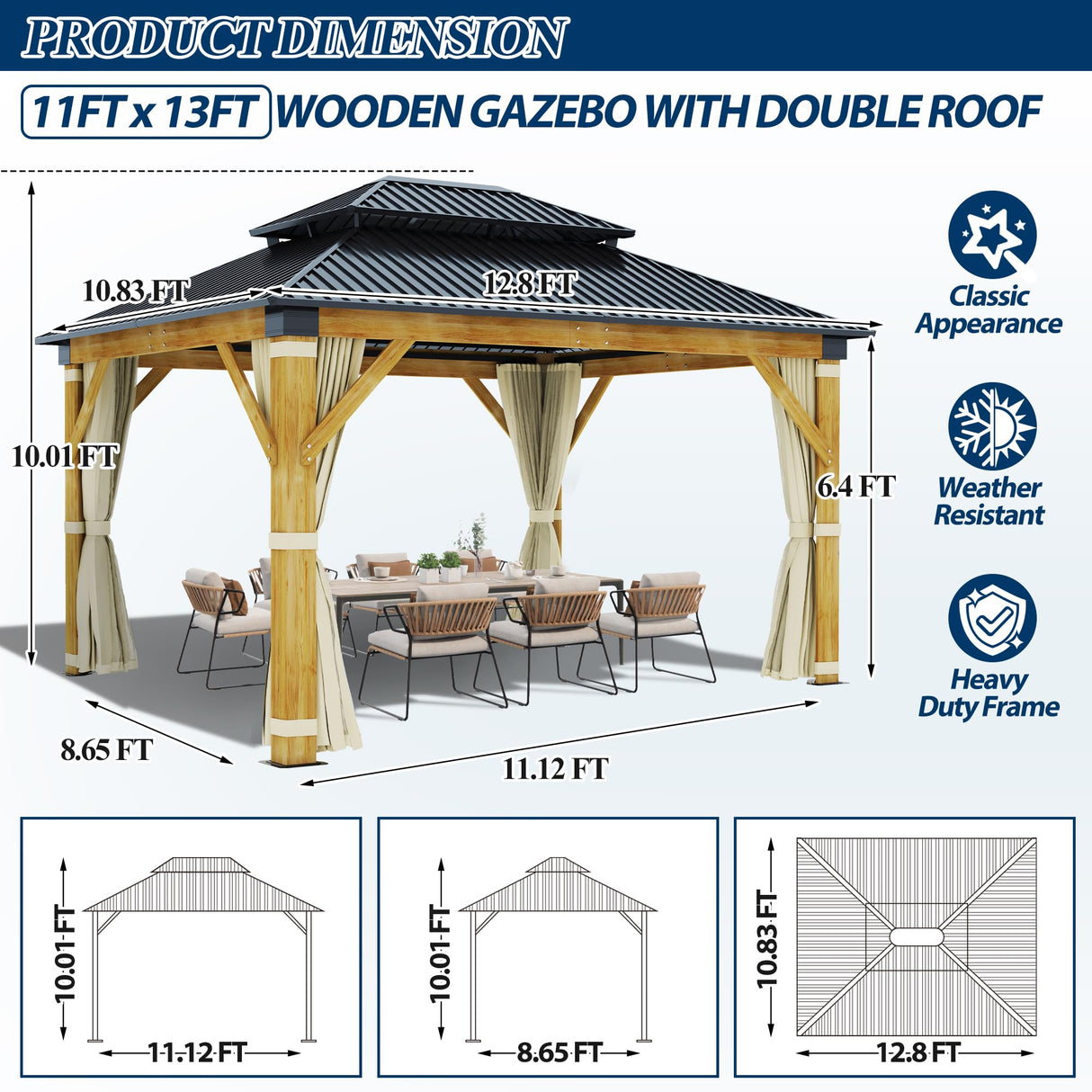 COVERONICS 11FT x 13FT Outdoor Cedar Wooden Gazebo - Patio Wood Frame Gazebo with Galvanized Steel Hardtop, Heavy-Duty Hardtop Gazebo with Netting & Curtains for Garden, Poolside, Deck, Backyard COVERONICS