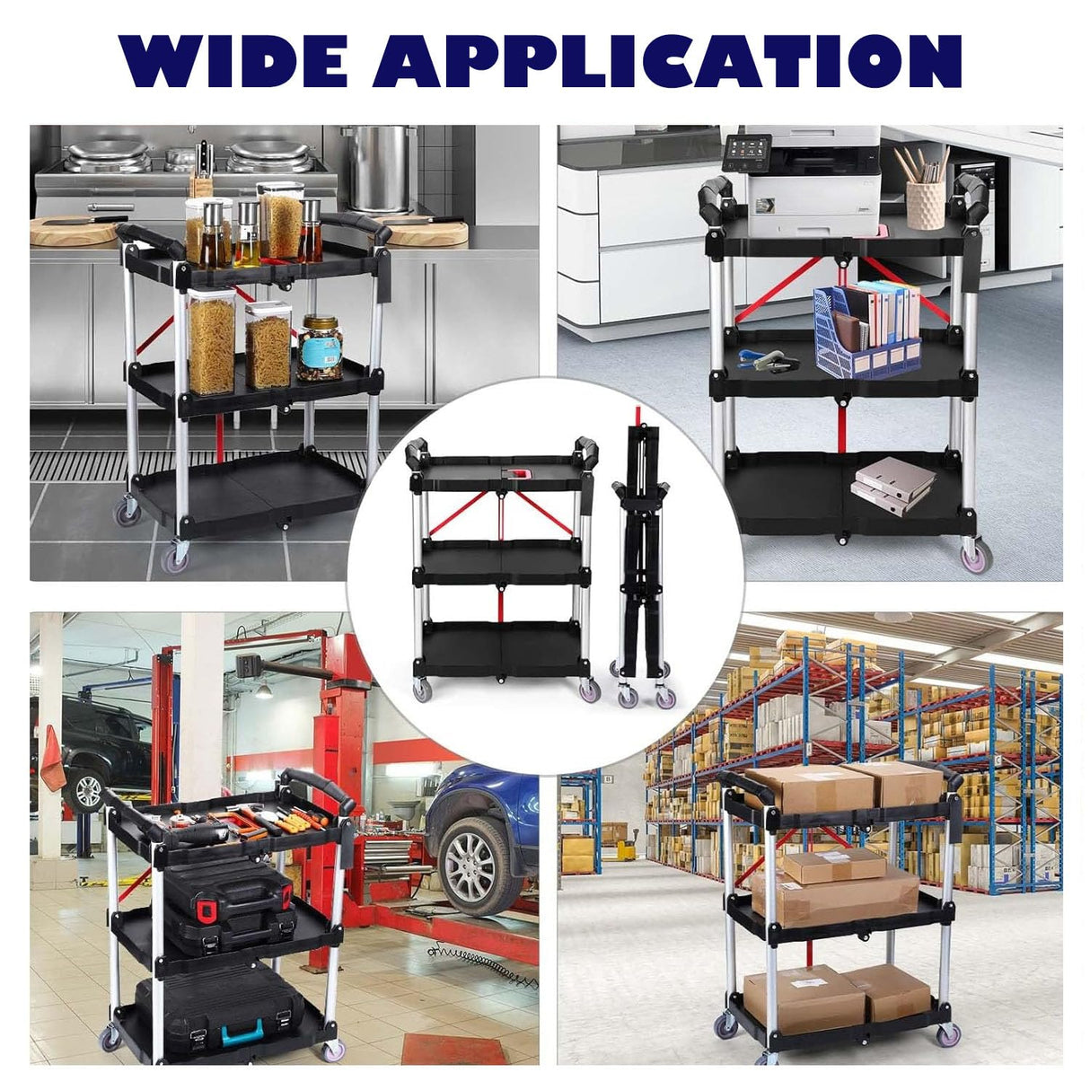 Folding Service Cart Heavy Duty 176 LBS w/ 360° Swivel Wheels Ergonomic Red Handle Foldable Utility Cart for Office Garage Home Kitchen Storage Collapsible Tool Cart COZONY