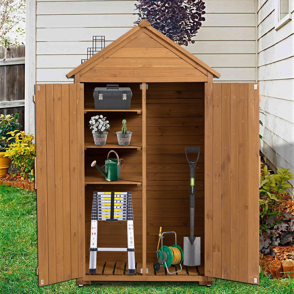 DetalleGo Outdoor Wooden Storage Cabinet, Storage Shed with 3 Detachable Shelves, Lockable Wooden Garden Shed with Waterproof Roof, Outside Vertical Tall Tool Shed for Yard Patio Lawn Deck (Natural) DetalleGo
