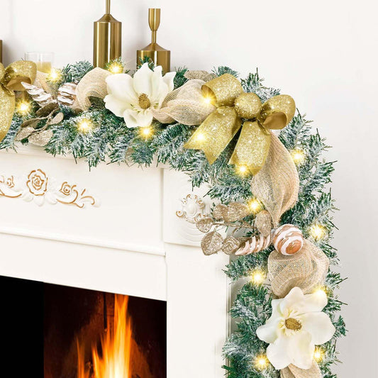 Christmas Garland Decorations, 5.9 FT Luxury Christmas Garland for Mantle, Christmas Flocked Garland with Gold Bows Ribbons Magnolia for Front Door Fireplace Table Home Decor