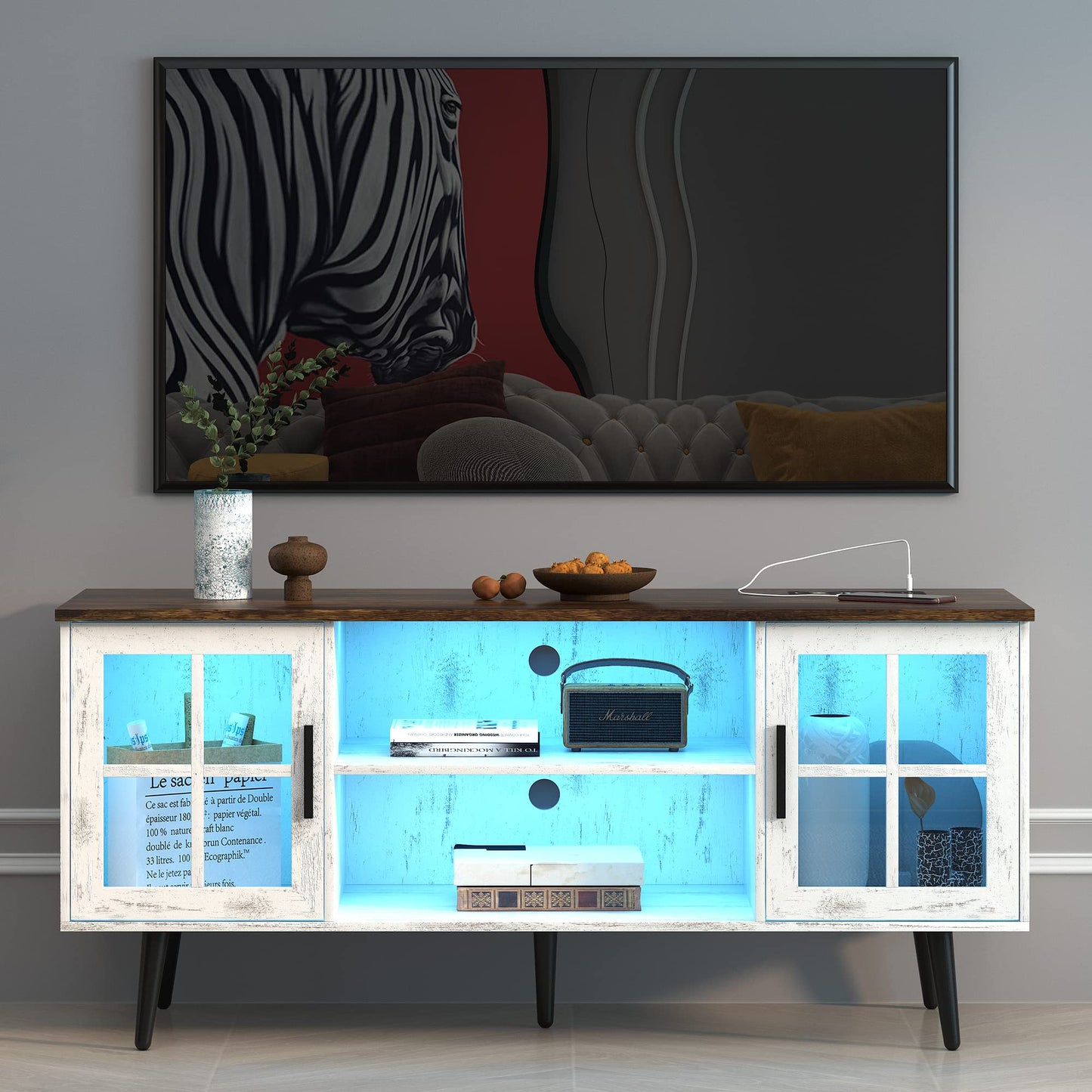 LVSOMT Modern LED TV Stand with Storage, Entertainment Center Cabinet for Living Room, Media Console with 24 Color Lighting (Wood White - RGB)