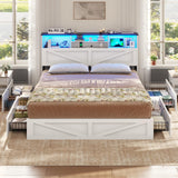 VIAGDO Farmhouse Bed Frame King Size with Bookcase Storage Headboard, Charging Station and LED Lights, Wooden King Bed Frame with 4 Drawers, Barn Door Design, No Box Spring Needed, No Noise, White VIAGDO