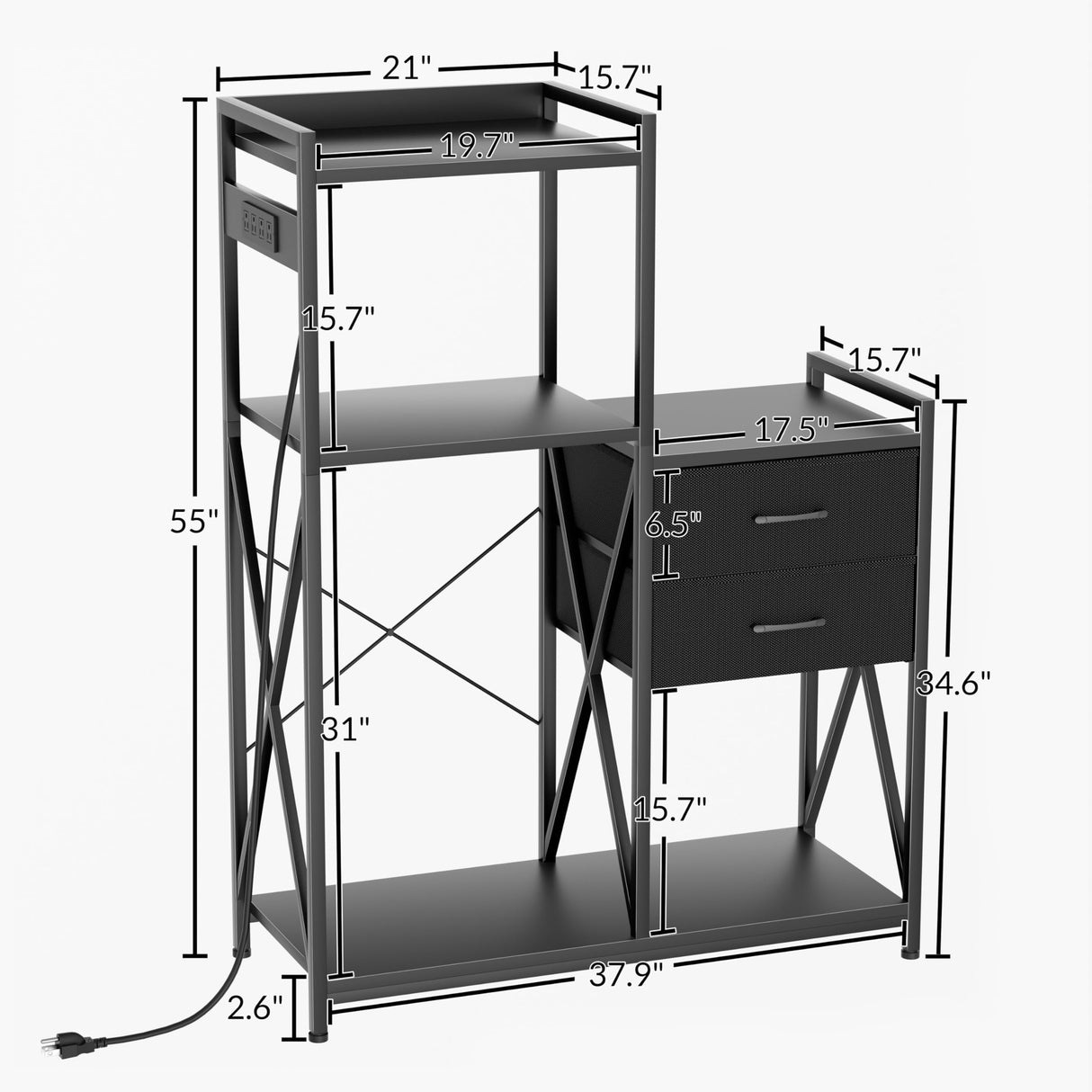 Unihouse Bakers Rack With Power Outlets,Fridge Stand With Storage Shelves And Drawers,Bakers Rack For Kitchen/Office/Study,Microwave Stand For Beans, Spices, Seasoning, Beverages,Wine Glasses,Black Unihouse