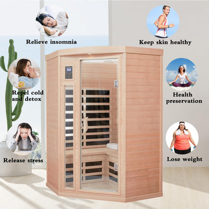 KUNSANA Infrared Sauna 2-3 Person Far Infrared Saunas for Home Low EMF Indoor Sauna Home Spa Hemlock Wooden Corner Sauna Room with Bluetooth Speakers, LED Reading Lamps, Chromotherapy Lights