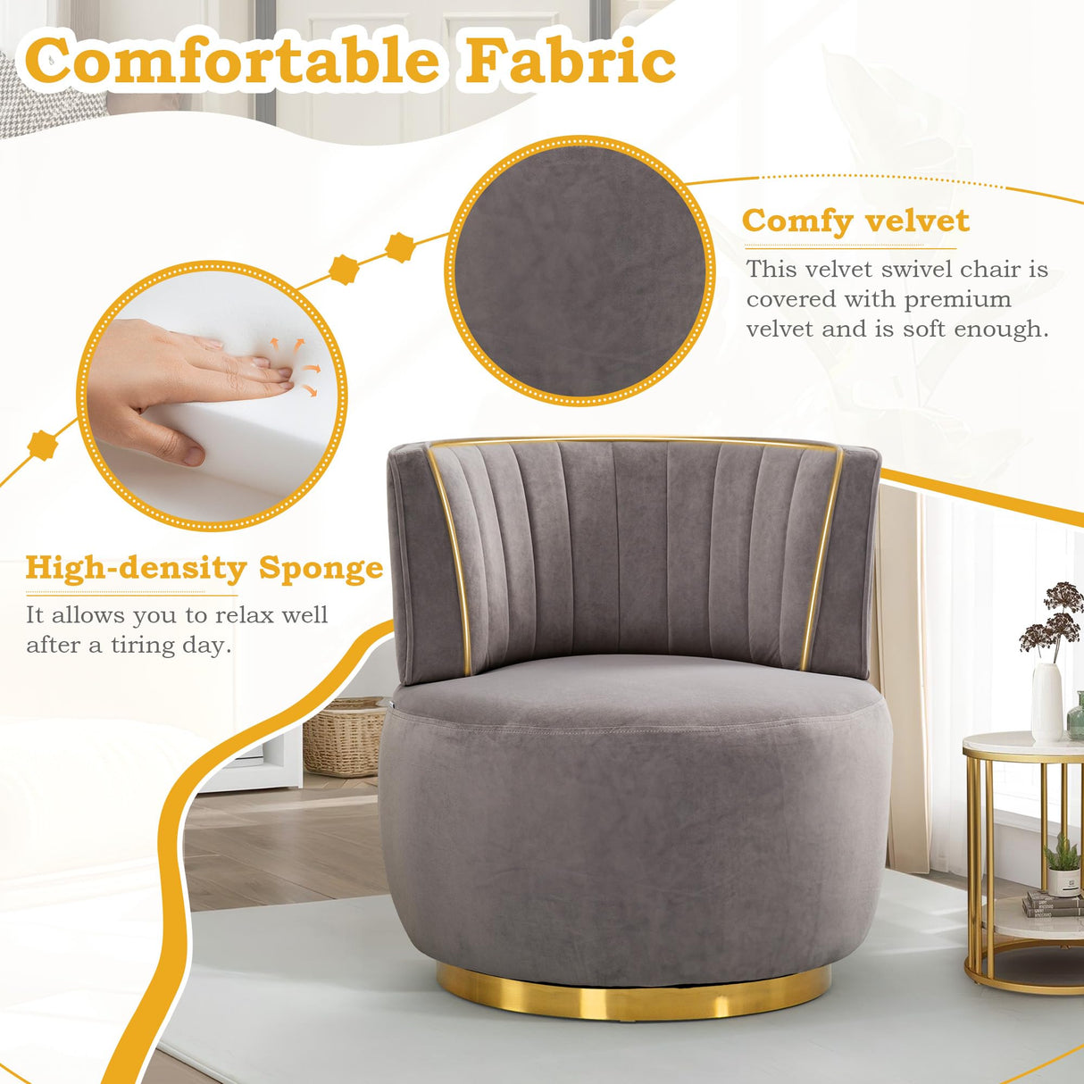 SLEERWAY 360° Swivel Barrel Chair, Modern Velvet Round Accent Chair, Comfy Upholstered Small Armchair with Gold Metal Base for Living Room Bedroom Nursery Office Sillas para Sala, Gray SLEERWAY