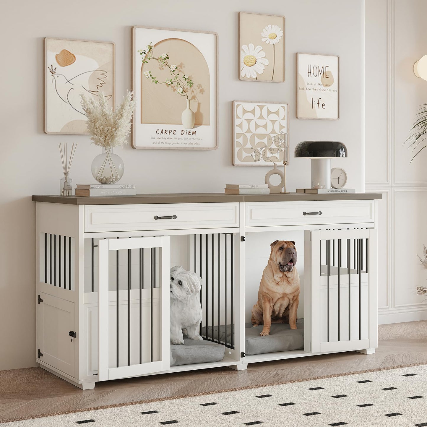 Dog Crate Furniture - Indoor Wood Dog Kennel Furniture 4 Doors with Divider and 2 Drawers - 72" L x 23.6" W x 34.8" H, White - WoodArtSupply