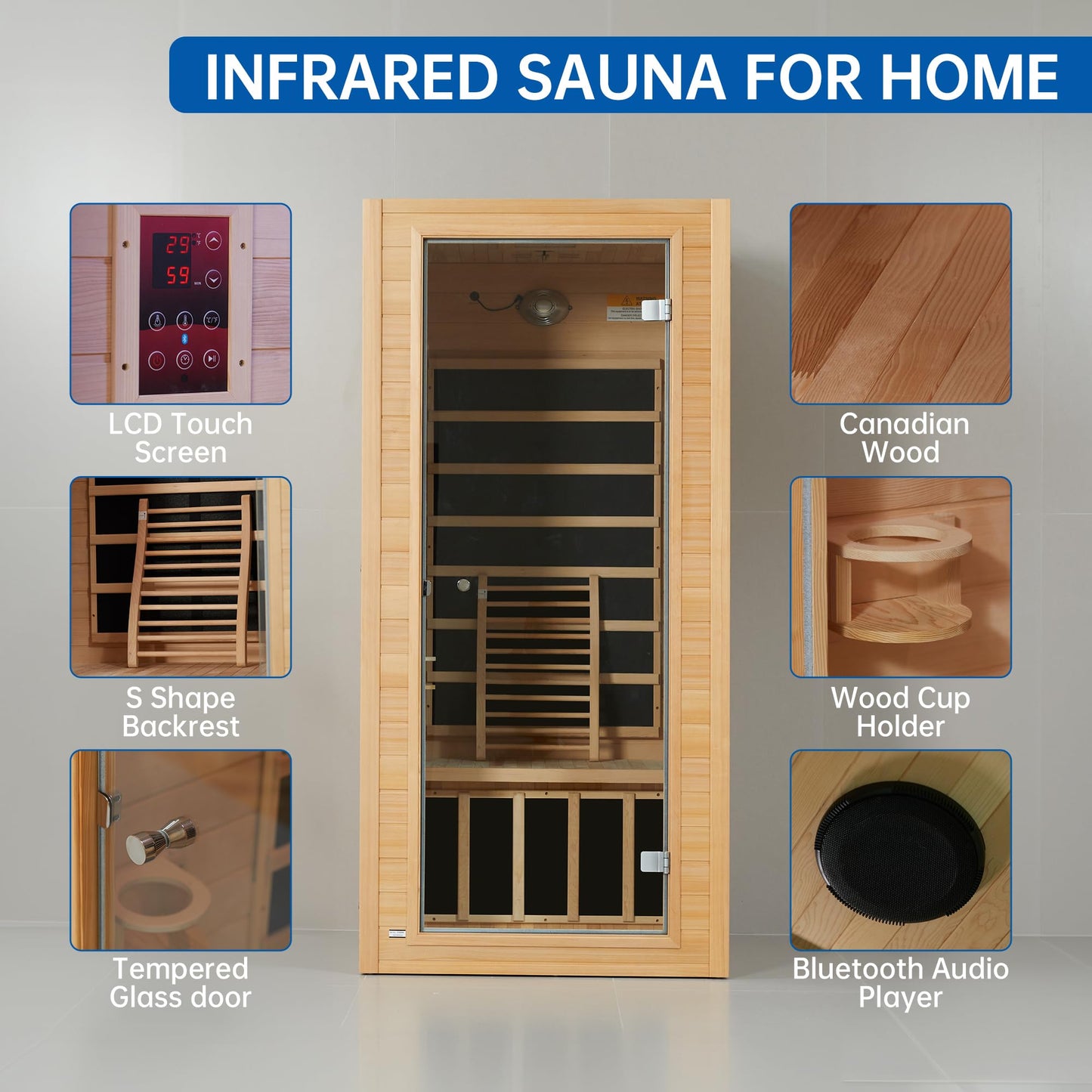 RESTISLAND Infrared Sauna Room for Home, Near Zero EMF Wooden 1 Person Indoor Home Sauna with Bluetooth, LCD Control Panel, Chromo Therapy Light