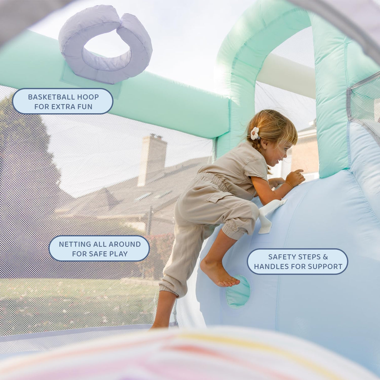 Bounceland Splash Zone Dream Wet or Dry Bounce House Water Slide, 11.5ftL x 9ftW x 6ftH, Pastel Color, Spacious Bounce Area, Splash Pool, Climbing Wall, Blower Included, Trendy Kids Outdoor Play Bounceland