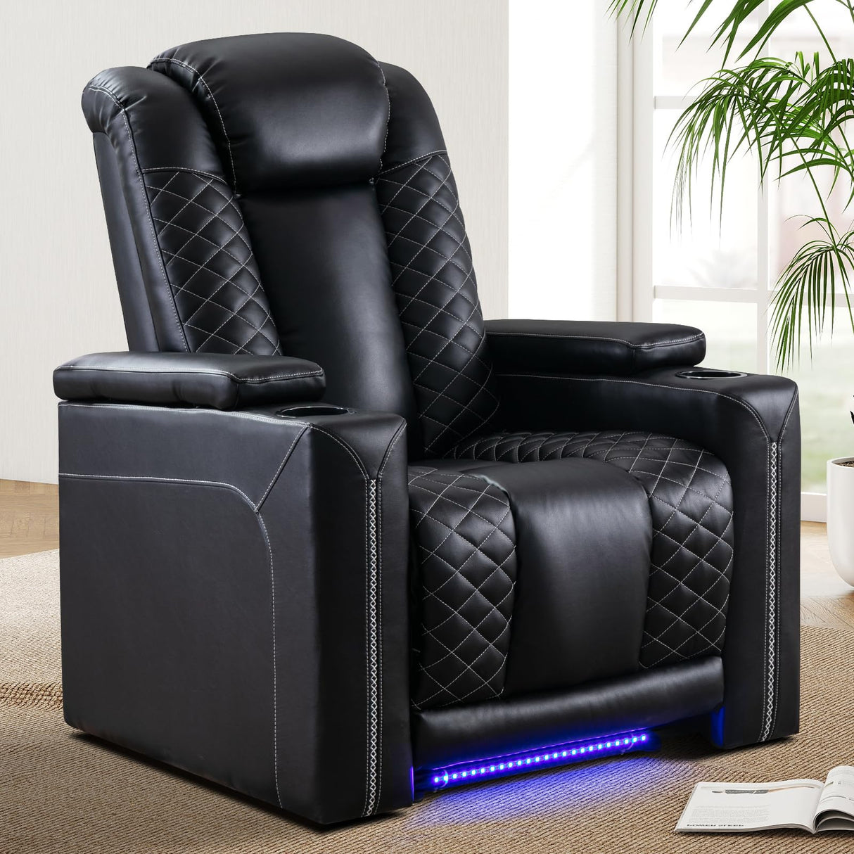 IOMOR Home Theater Seating with USB Ports and Cup Holders, Overstuffed Faux Leather Electric Power Recliner Chair with Hidden Arm Storage, Ambient Lighting (1, Black+Lighting) IOMOR