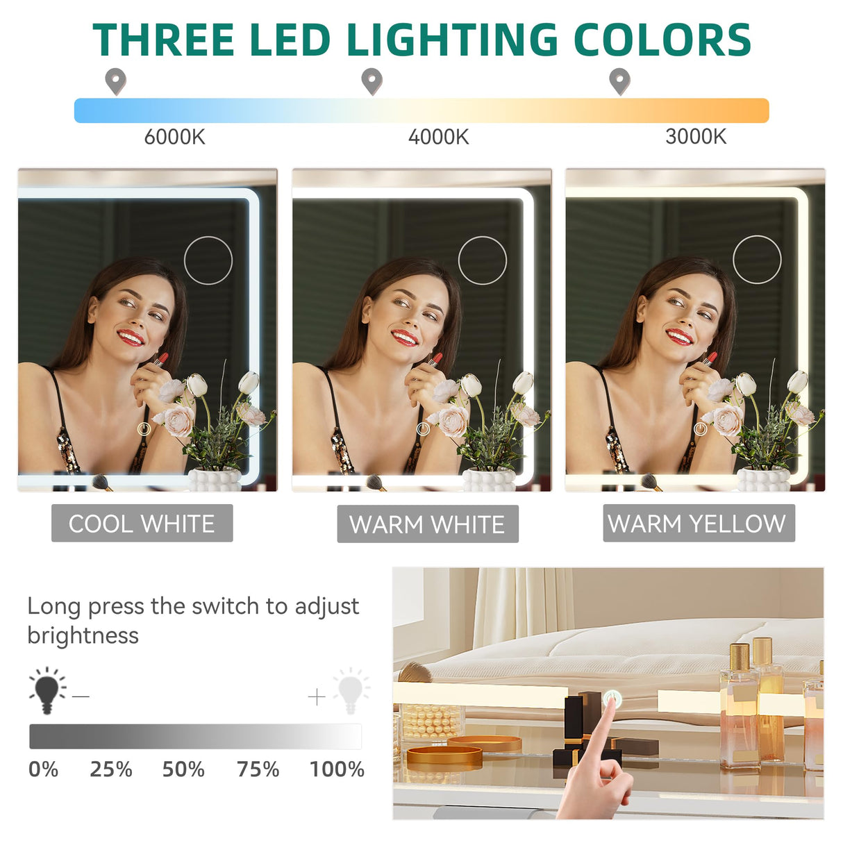 YITAHOME LED Makeup Vanity Table, Glass Top Vanity Desk with Hidden Storage Stool, Vanity with Built-in Power Outlets and USB Ports YITAHOME