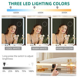 YITAHOME LED Makeup Vanity Table, Glass Top Vanity Desk with Hidden Storage Stool, Vanity with Built-in Power Outlets and USB Ports YITAHOME