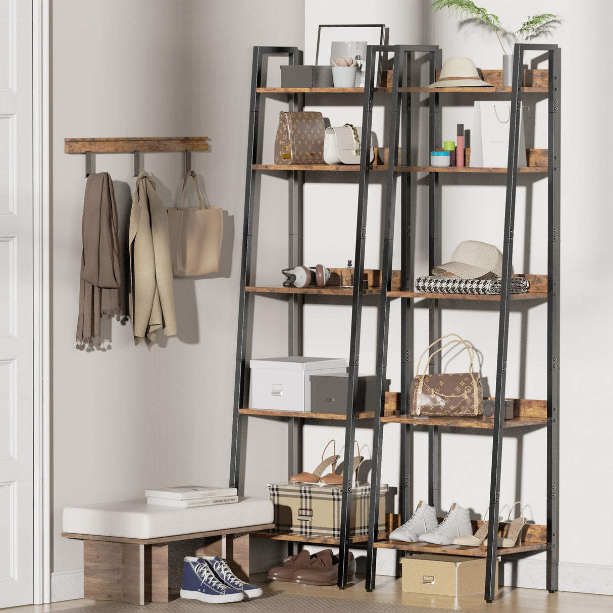Bookshelf, Ladder Shelf with Steel Frame, 5-Tier Industrial Bookcase, Narrow Tiered Shelf for Small Space, Corner Shelf for Living Room, Home Office, Kitchen, Bedroom, Bathroom（Rustic Brown & Black） Homedawn