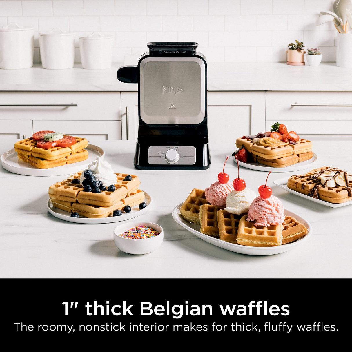 Ninja BW1001 NeverStick PRO Belgian Waffle Maker, Vertical Design, 5 Shade Settings, with Precision-Pour Cup & Chef-curated Recipe Guide, Black & Silver Ninja