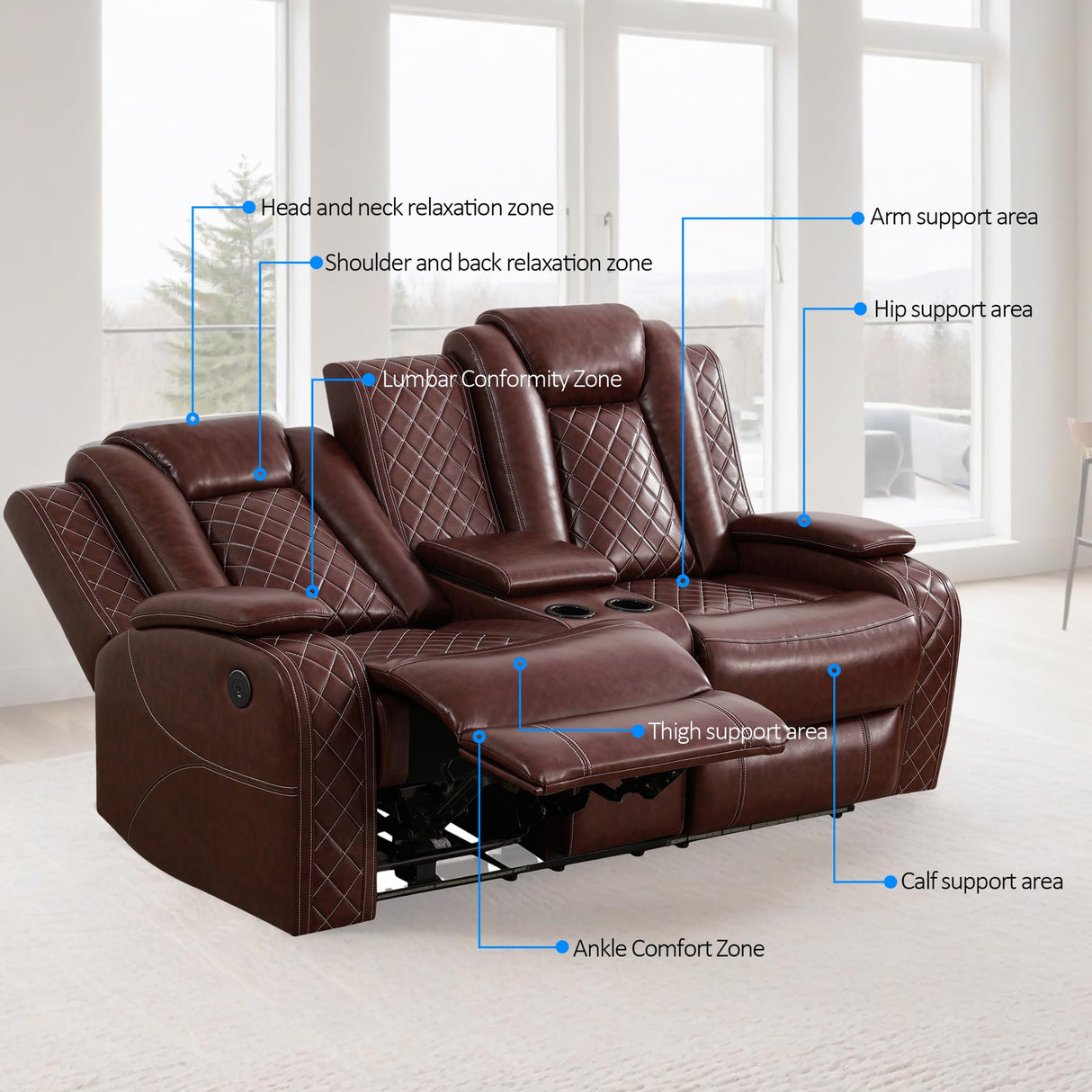 YIORTWO Power Recliner Sofa Set - Breathable Leather Power Recliner Sofa,Living Room Furniture with USB Charging, LED Lights,Hidden Storage Buckets, Stainless Steel Cup Holders(Loveseat,Brown) YIORTWO