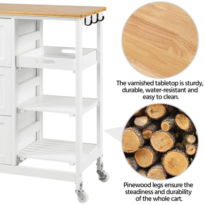 Yaheetech Kitchen Island Cart on Wheels with Bamboo Countertop, Rolling Serving Utility Trolley Cart with 3 Drawers, 3 Removable Shelves & Lockable Casters, Storage Cabinet for Dining Room, Bar, White