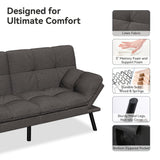 Vipbear Convertible Futon Sofa Bed,Dark Grey Linen Futon Couch with Detachable Cushion,Adjustable Backrest & Armrest,Modern Small Recliner Loveseat Sleeper Couch for Living Room,Office,Apartment Vipbear