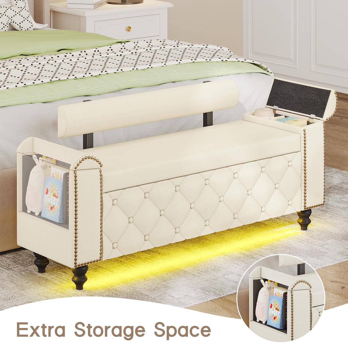 51" Ottoman with Storage, Storage Ottoman Bench with Upholstered Backrest, Tufted Entryway Bench with Curved Arm Support, End of Bed Bench with LED Lights, Storage Bench for Bedroom,Living Room,Beige Tagafi