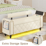 51" Ottoman with Storage, Storage Ottoman Bench with Upholstered Backrest, Tufted Entryway Bench with Curved Arm Support, End of Bed Bench with LED Lights, Storage Bench for Bedroom,Living Room,Beige Tagafi