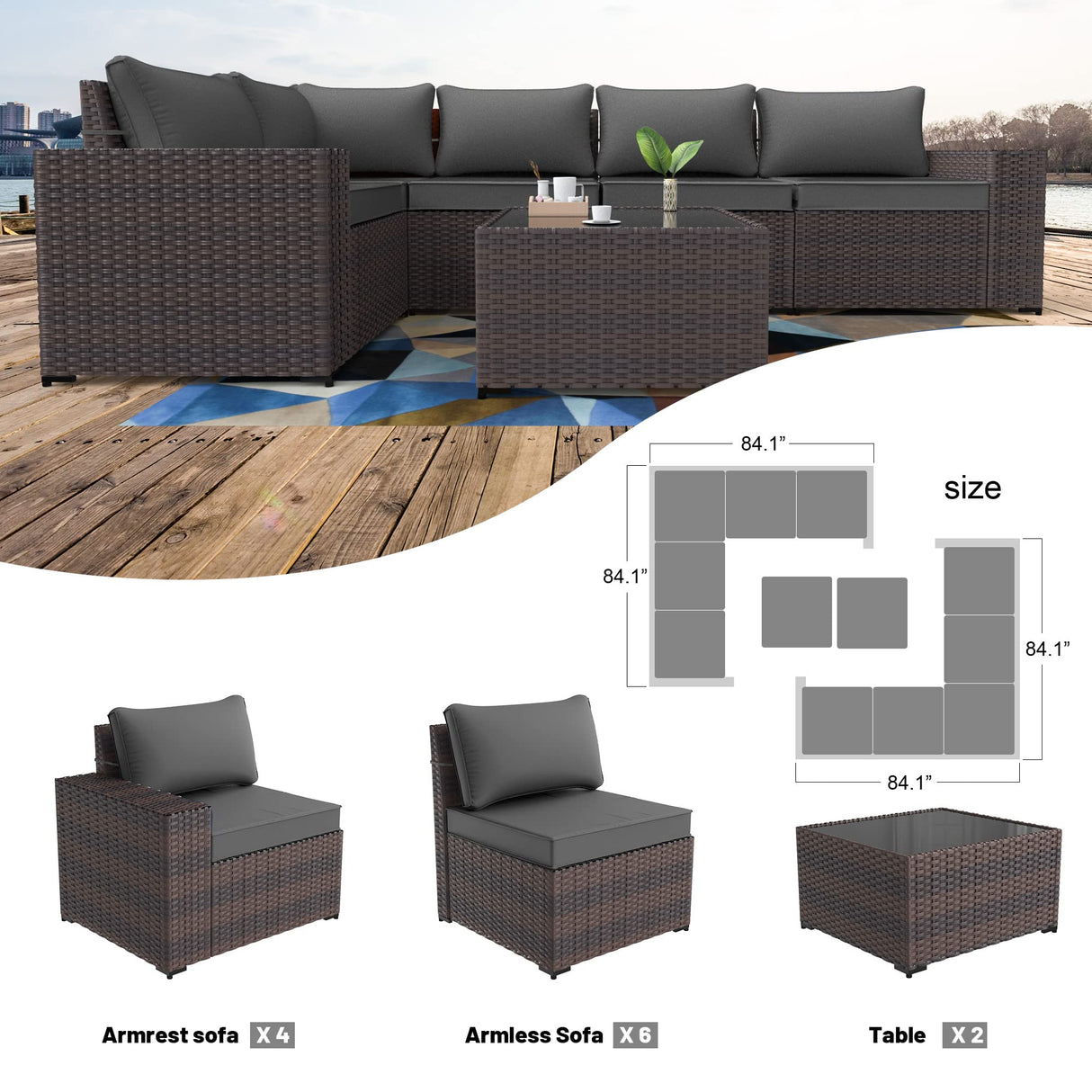 Kullavik Outdoor Patio Furniture Set,12 Pieces Sectional Rattan Sofa Set Brown PE Rattan Wicker Patio Conversation Set with 10 Seat Cushions and 2 Tempered Glass Coffee Table,Grey Kullavik
