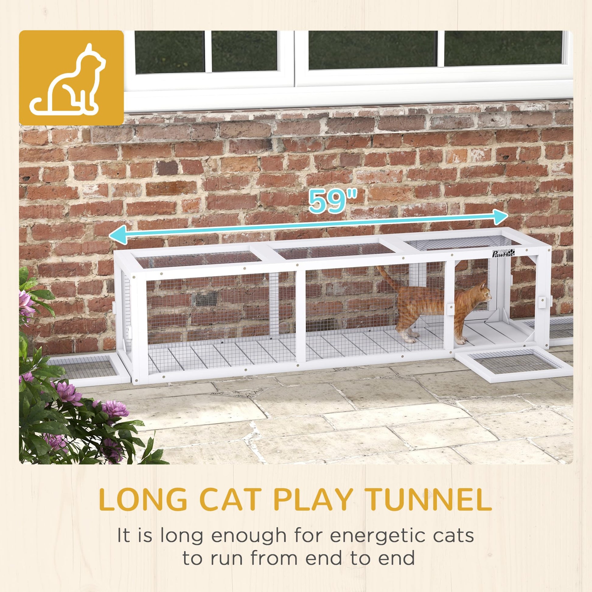 PawHut Outdoor Cat Tunnel with Extendable Design, 59" L Wooden Cat Run with Weather Protection, Connecting Inside and Outside, for Deck Patios, Balconies, White - WoodArtSupply