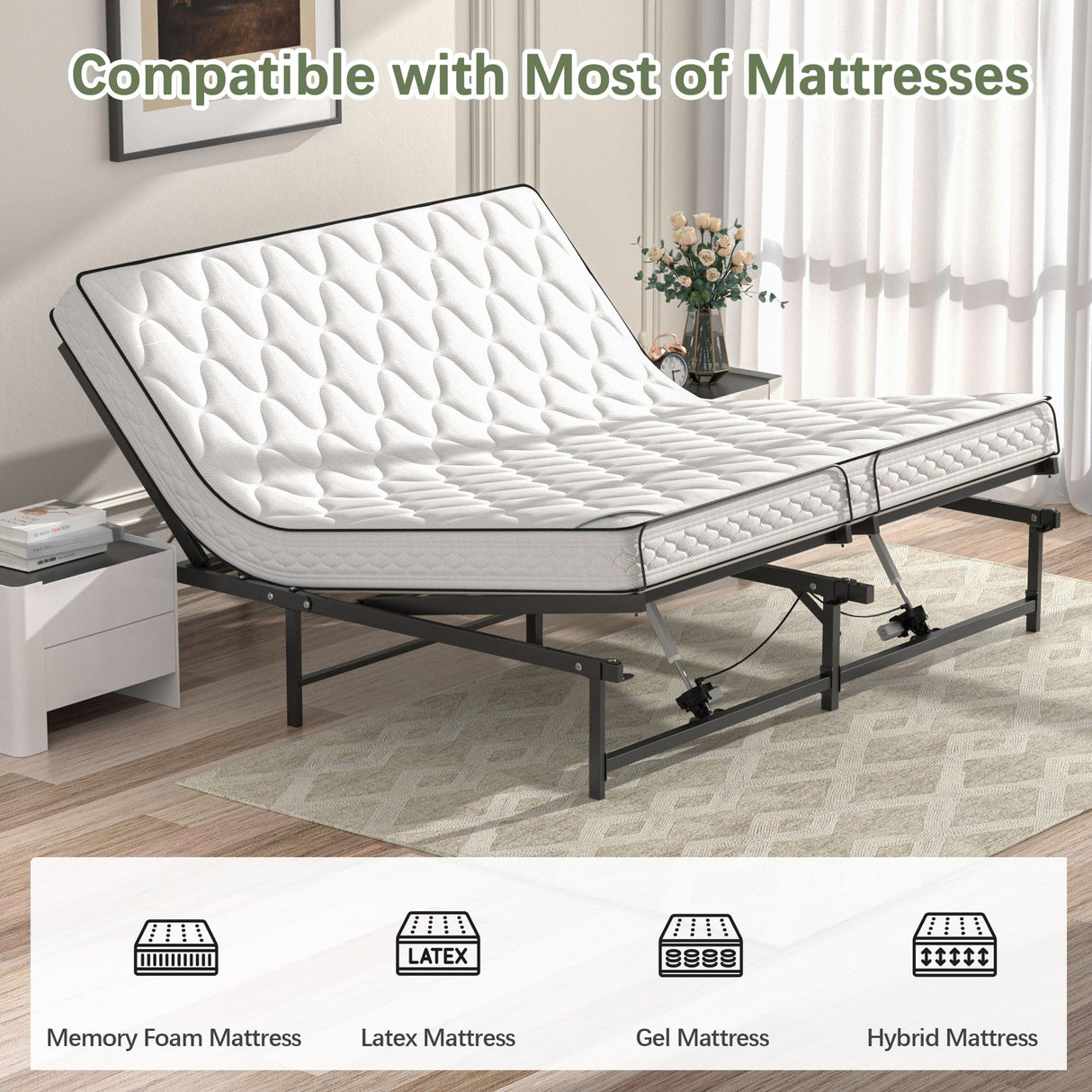 JAXPETY Adjustable Bed Frame King Electric Adjustable Bed Base with Head and Foot Incline Low-Noise Motor and Remote Control, Electric Bed Frame Fit for Most Mattress, Black JAXPETY