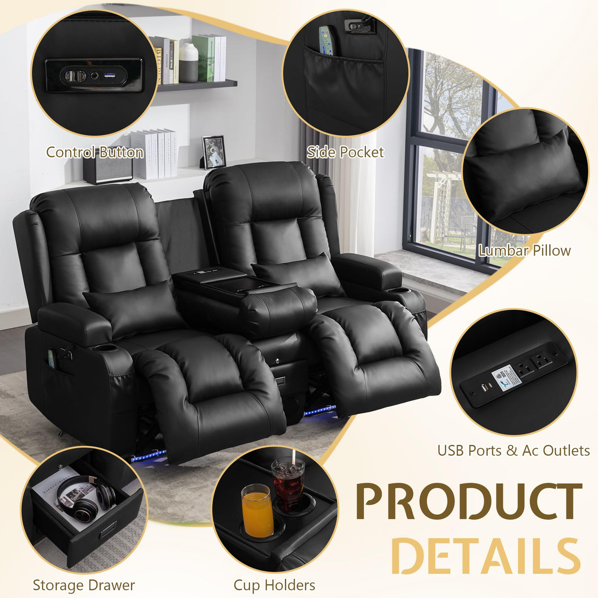 Houjud Power Loveseat Recliner Sofa with Console, RV Flip Middle Backrest Design 3 Seat Reclining Sofa Couch with Vibrating Massage and Heat, LED Light, USB, Bluetooth Speakers, Outlets, Black Houjud