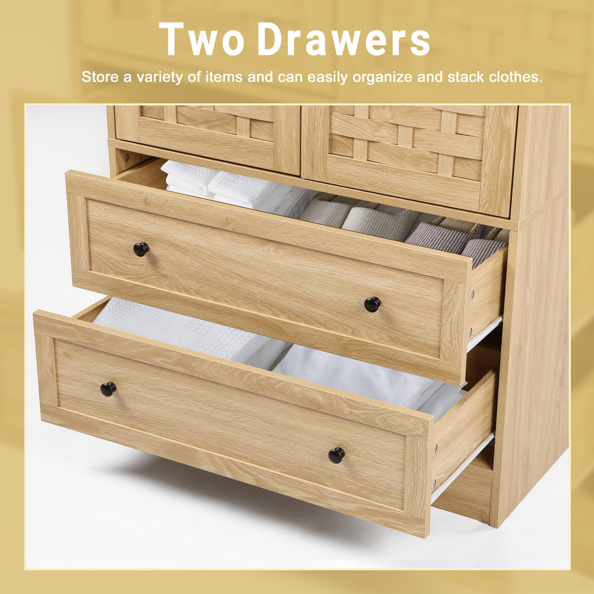 QEIUZON Wardrobe Closet, Freestanding Closet Wardrobe Cabinet with Wide Drawers & Hanging Rod, Armoire for Bedroom, Kids' Room, Dorm (Natural) QEIUZON