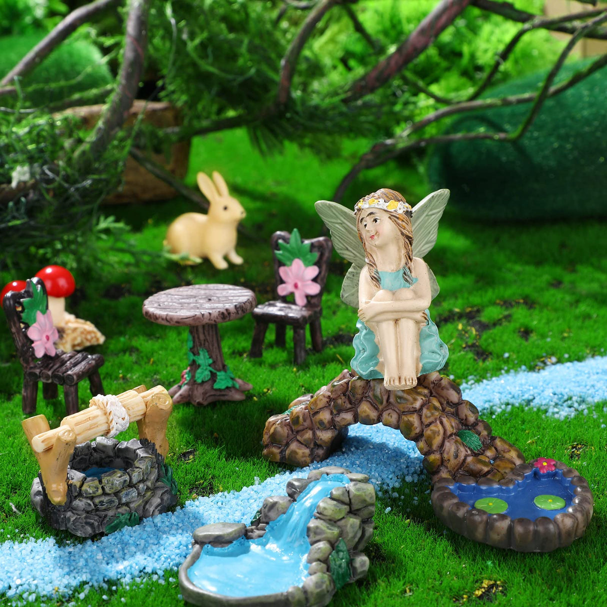 Roowest 19 Pcs Miniatures Garden Fairies Kit Garden Accessories Miniatures Bunny Squirrel Owl Animals Cute Tiny Mushroom Mini Pond Bridge Figurine for DIY Home Micro Landscape Terrarium Ornaments Roowest