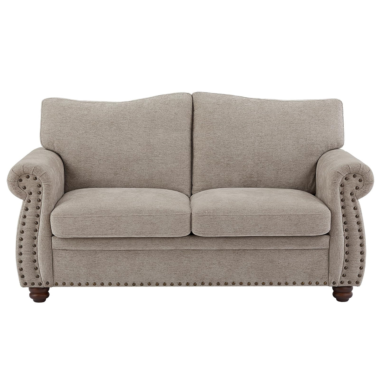 ONBRILL Nailhead Sofa, 66 Inch Small Couch with Rolled Arms, Chenille Fabric Loveseat w/Springs Seat Cushion, Vintage Curved Back, Turned Wood Legs, Comfy Couch for Living Room, Farmhouse, Beige ONBRILL