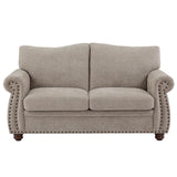 ONBRILL Nailhead Sofa, 66 Inch Small Couch with Rolled Arms, Chenille Fabric Loveseat w/Springs Seat Cushion, Vintage Curved Back, Turned Wood Legs, Comfy Couch for Living Room, Farmhouse, Beige ONBRILL