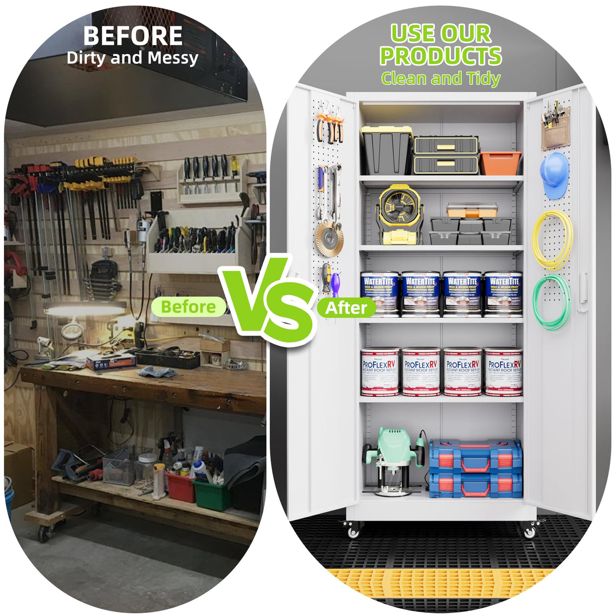 JAORD Garage Storage Cabinets with Wheels and Pegboard, 73" H Metal Storage Cabinet with Locking Doors and 4 Adjustable Shelves for Garage Home, Assembly Required, White JAORD