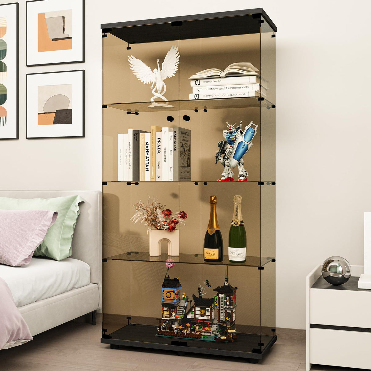 FANYUSHOW Glass Display Cabinet with 4 Shelf Double Door Curio Cabinet with Brown Glass 5mm Tempered Glass Display Case for Living Room, Bedroom, Kitechen, 64" H x 32" L x 14" W, Black FANYUSHOW