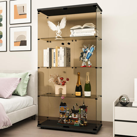FANYUSHOW Glass Display Cabinet with 4 Shelf Double Door Curio Cabinet with Brown Glass 5mm Tempered Glass Display Case for Living Room, Bedroom, Kitechen, 64" H x 32" L x 14" W, Black FANYUSHOW