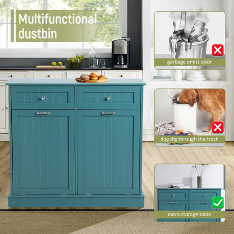 LOUVIXA Tilt Out Trash Can Cabinet with Double Hidden Trash Can Holder, Kitchen Free Standing Recycling Cabinet,Dog Proof Trash Can,Wood, Teal LOUVIXA
