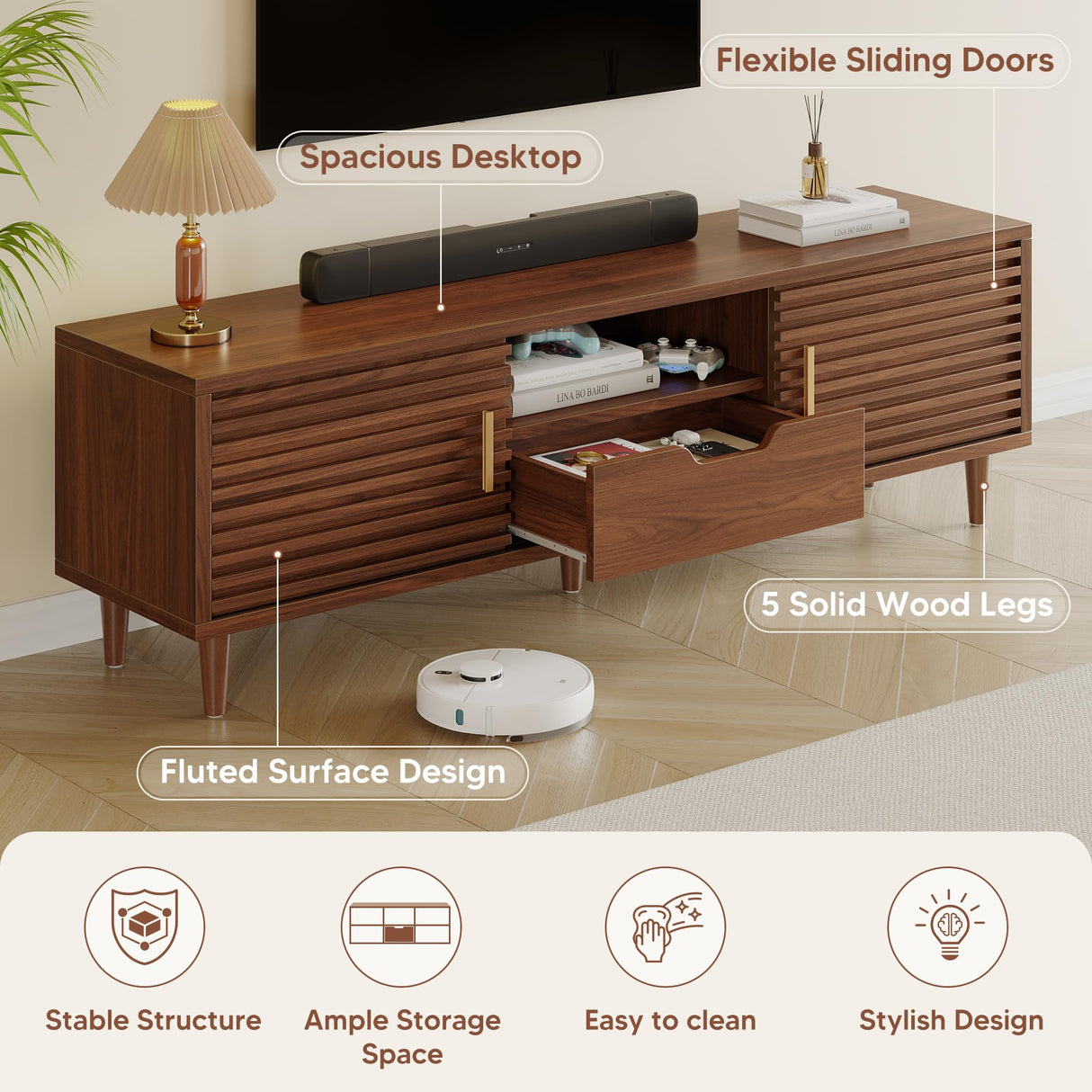 Syvella Mid Century Modern TV Stand for 55/60/65 inch TV, Farmhouse TV Stand, Fluted Entertainment Center with Storage, TV and Media Consol for Living Room (Dark Brown, 59") Syvella