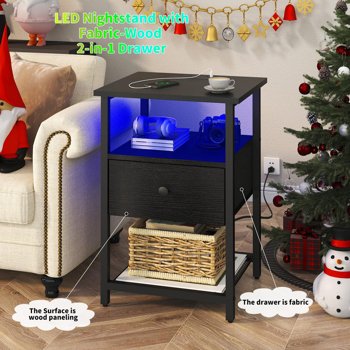 HDDDZSW LED Nightstands set of 2 with Charging Station, Bedside Tables with USB Ports and Outlets, End Table with Fabric-Wood 2-in-1 Drawer for Small Spaces, Black Side Table for Bedroom, Living Room HDDDZSW