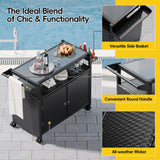 MU Outdoor Bar Cart with Storage and Wheels, Outdoor Bar Table with Tempered Glass Top & Shelf, Rolling Wicker Storage Cabinet with Rounded Handle & Side Basket for Backyard, Poolside, Garden, Black MU