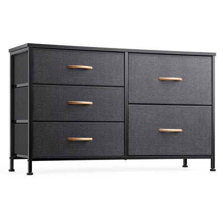 Nicehill Dresser for Bedroom with 5 Drawers, Storage Drawer Organizer, Wide Chest of Drawers for Closet, Clothes, Kids, Nursery, TV Stand with Storage Drawers, Wood Board, Fabric Drawers (Black Grey) Nicehill
