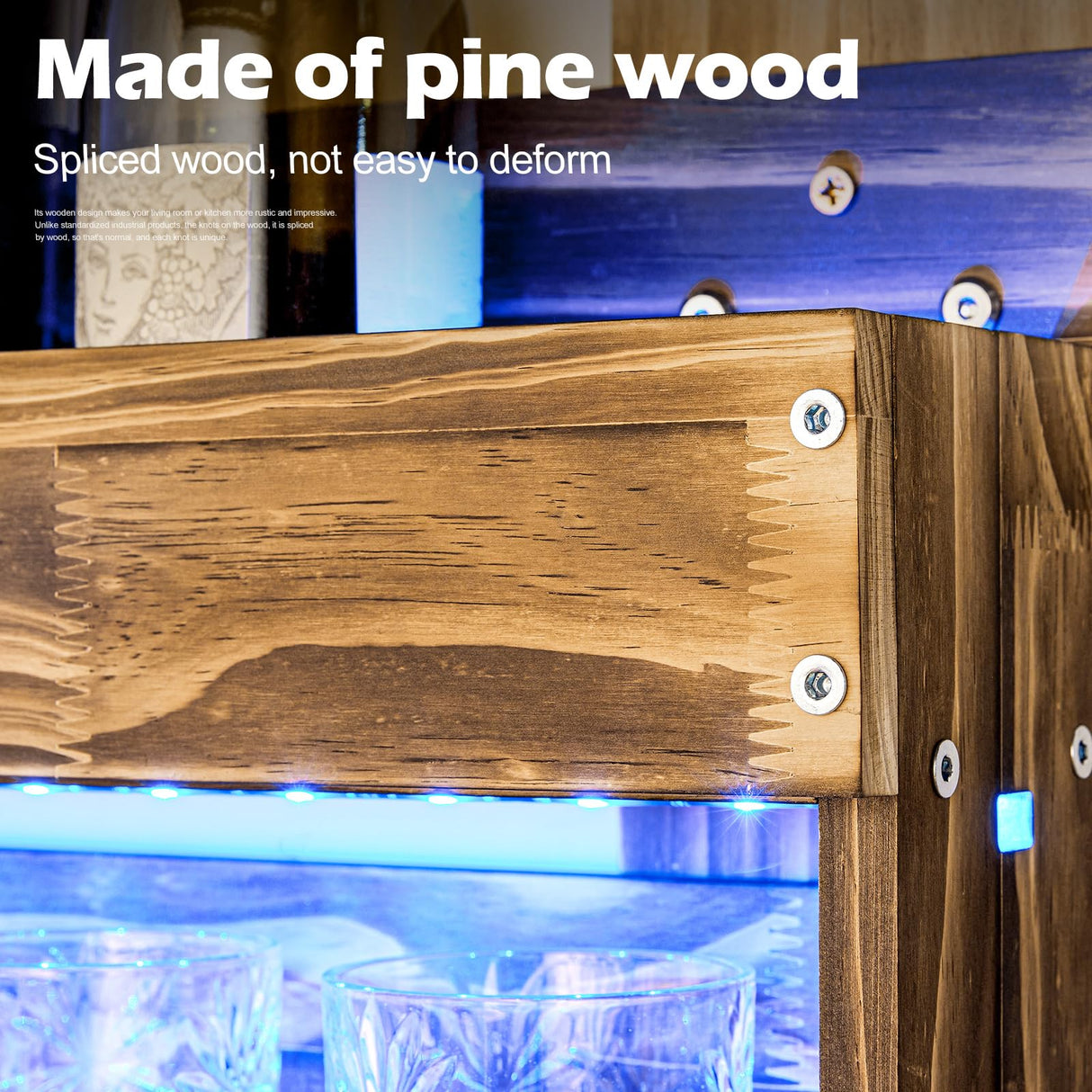 Homde Wine Rack with LED Light Wall Mounted Wood Wine Shelf with Bottle Stemware Glass Holder Rustic Wine Display Storage Rack with 4-Bottle Liquor Dispenser for Home Bar Kitchen Decor Homde