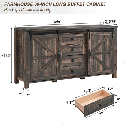 T4TREAM 60-Inch Farmhouse Buffet Cabinet with Sliding Barn Doors and 4 Drawers in Antique White - WoodArtSupply