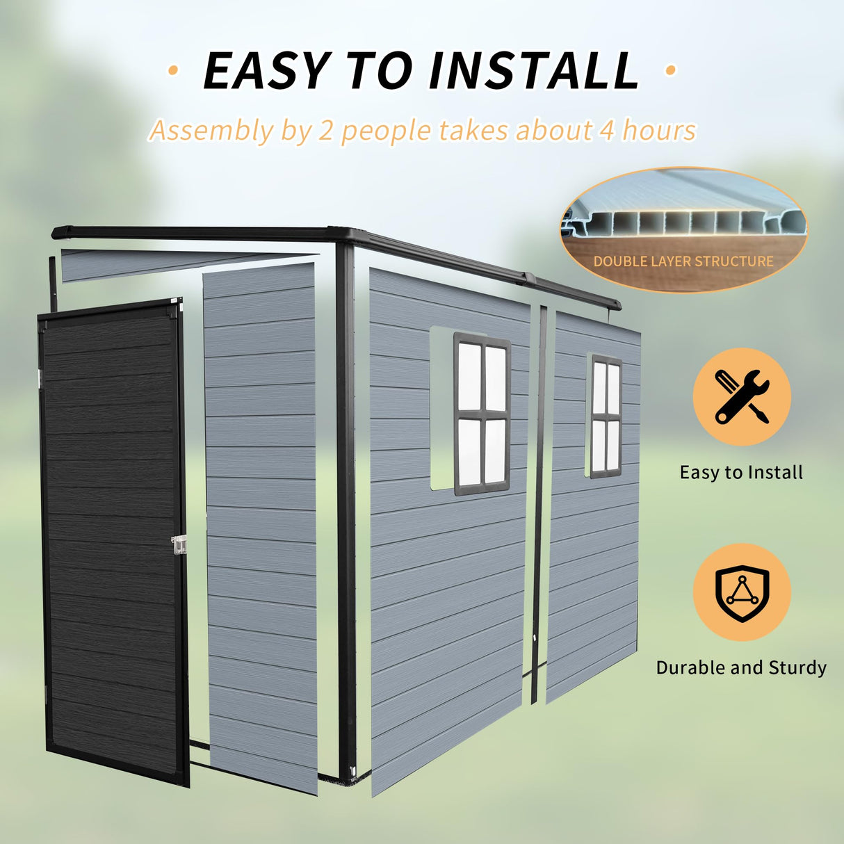 LANTRO JS 4x8FT Plastic Storage Shed with Floor, Outdoor Storage Shed with Floor Included, with 2 Windows and Lockable Door, Backyard Storage Sheds for Garden Tools, Bike, Gray and Black LANTRO JS