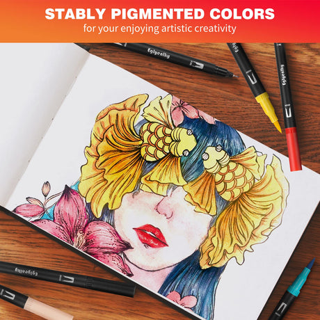 Eglyenlky Colored Markers for Adult Coloring Books, Dual Tip Brush Pens with 100 Watercolor Fine Tip Markers and Brush pens for Kids Drawing Calligraphy Eglyenlky