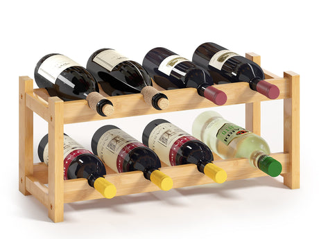 BAMEOS Wine Rack Free Standing 8 Bottle 2 Tier Bamboo Wine Racks Countertop Cabinet Wine Holder Wine Storage Shelf for Kitchen, Bar, Pantry, Wine Cellar, Basement, Countertop (16.85 L x 9.25W x 7H) BAMEOS