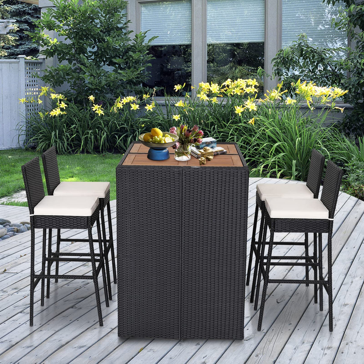 Tangkula 5-Piece Off White Outdoor Wicker Bar Set with Acacia Wood Table and Cushioned Stools Tangkula