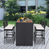 Tangkula 5-Piece Off White Outdoor Wicker Bar Set with Acacia Wood Table and Cushioned Stools Tangkula