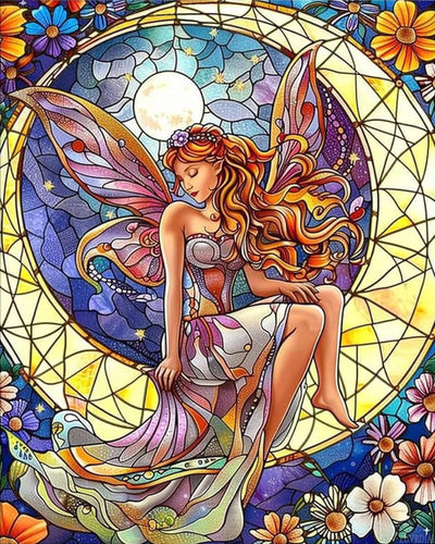 ZUVRDIAI Stained Glass Moon Woman Art Paint by Numbers Kits 16x20 Inch Canvas Moon Fairy Crescent Flowers Stars DIY Oil Painting for Adults Beginner with Brushes Acrylic Paints Drawings(No Frame)