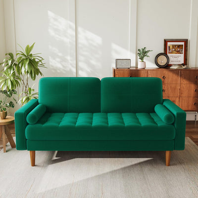 Vipbear 57" Small Loveseat Sofa, Comfy Velvet Mini Love Seat Couches with Throw Pillow for Small Spaces, Tool-Free Setup Sofa Couch for Bedroom, All-Wood Couches for Living Room, Green