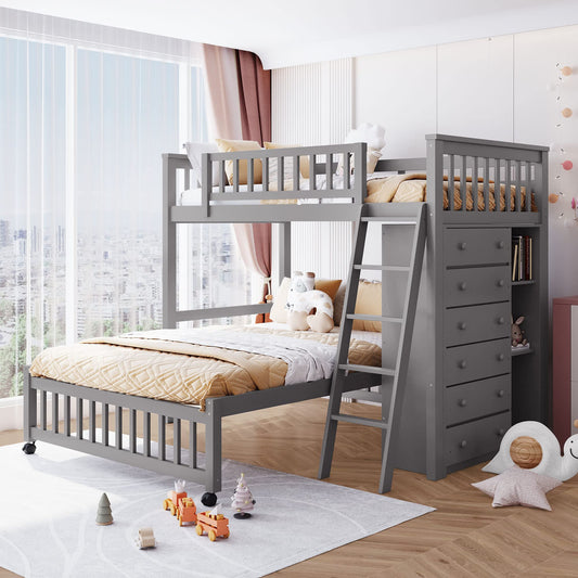 Harper & Bright Designs Twin Over Full Bunk Bed with Storage, Solid Wood Bunk Bed with 6 Drawers and 3 Flexible Shelves, Movable Bottom Bed with Wheels, for Kids Teens Adults (Gray)