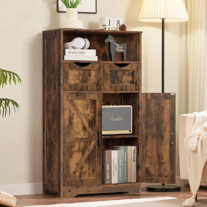 FIONESO Storage Cabinet with Adjustable Shelf & 2 Adjustable Drawers, Floor Cabinet with Barn Doors, Cupboard for Living Room, Entryway, Home Office, Rustic Brown